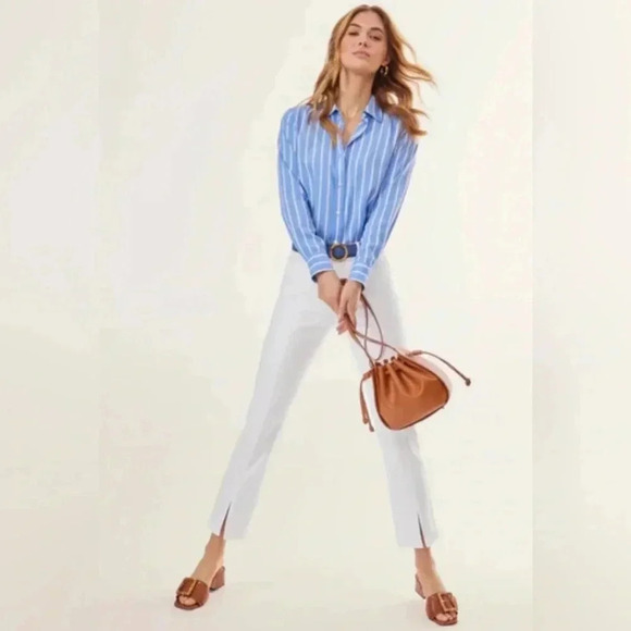 J. McLaughlin Tops - J.McLaughlin Silk Denver Women’s Shirt in‎ French Blue/White Stripe X-Small NWT